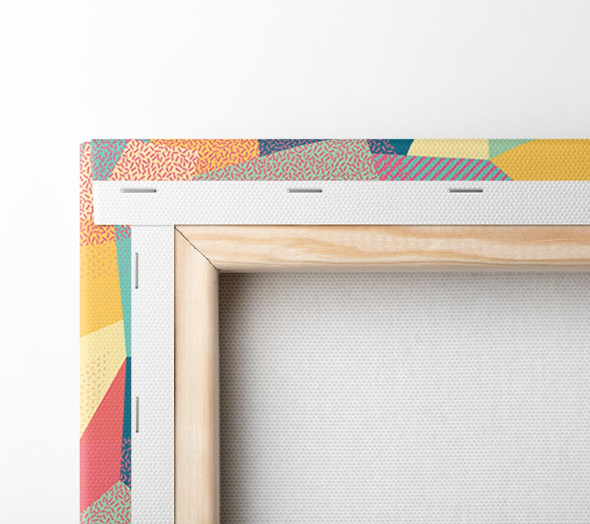 Abstract Triangles canvas art featuring vibrant geometric designs, mounted on a sturdy 44mm box frame, ready to hang.