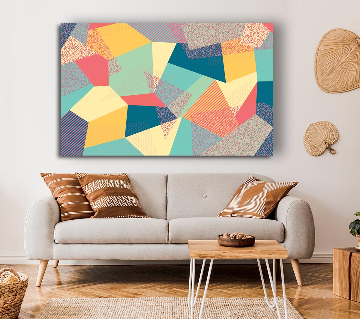 Abstract Triangles canvas art featuring vibrant geometric designs, mounted on a sturdy 44mm box frame, ready to hang.