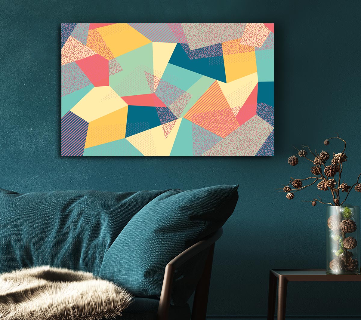 Abstract Triangles canvas art featuring vibrant geometric designs, mounted on a sturdy 44mm box frame, ready to hang.