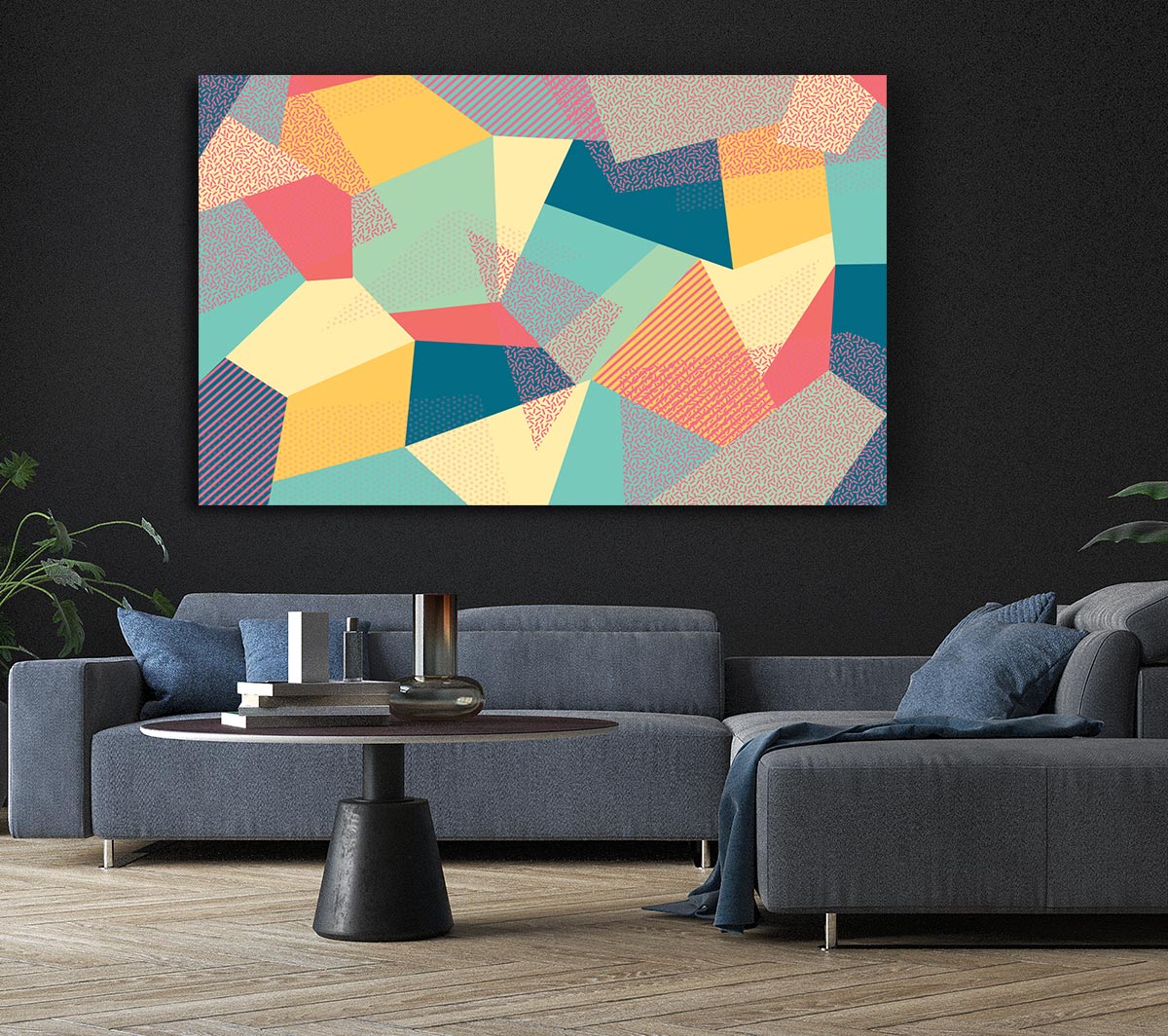 Abstract Triangles canvas art featuring vibrant geometric designs, mounted on a sturdy 44mm box frame, ready to hang.