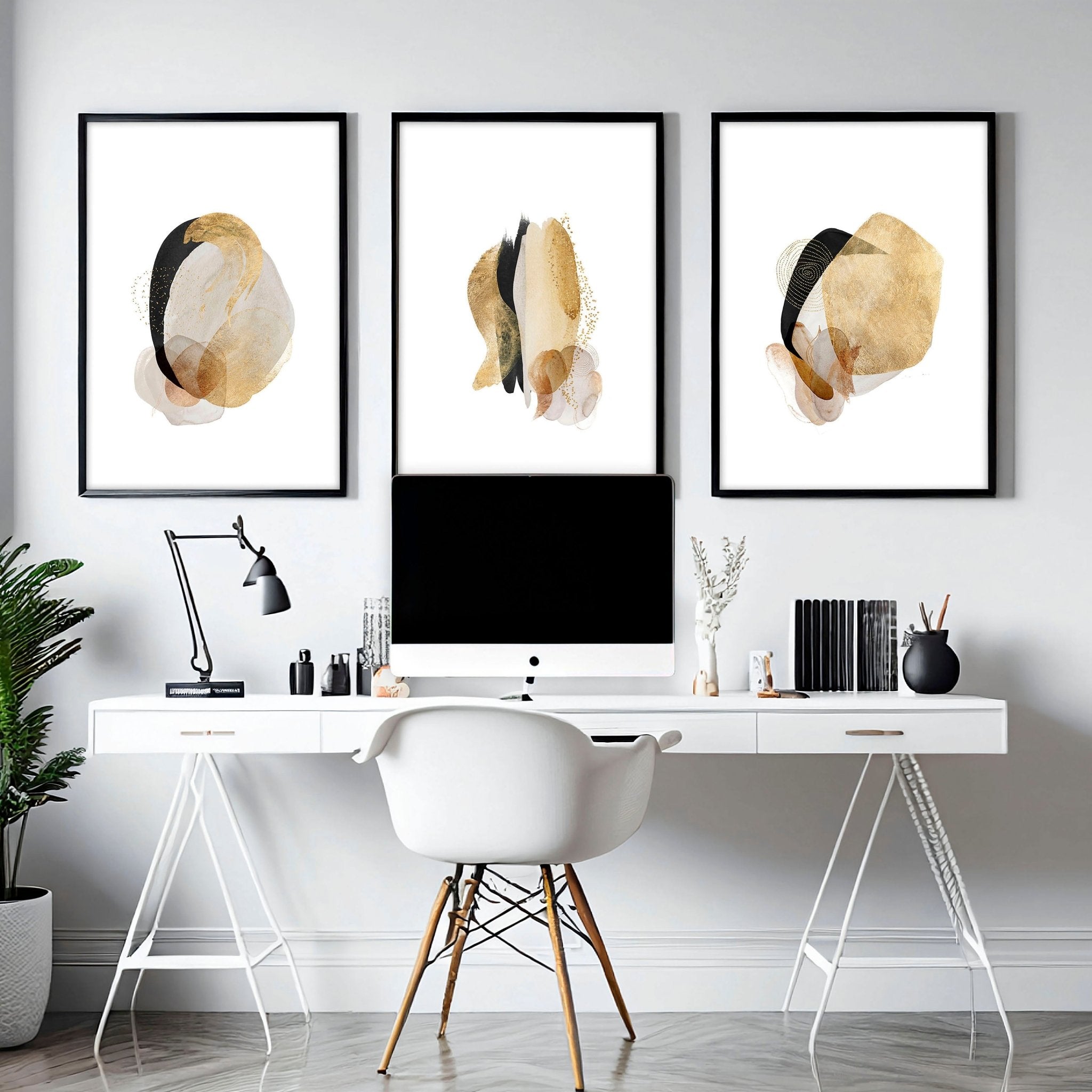 Set of 3 abstract wall art prints designed for office decor, featuring vibrant colors and modern designs that inspire creativity.