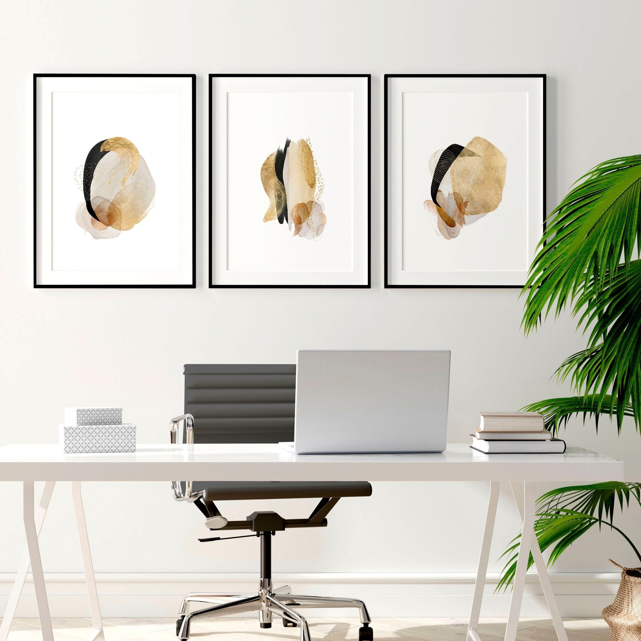 Set of 3 abstract wall art prints designed for office decor, featuring vibrant colors and modern designs that inspire creativity.