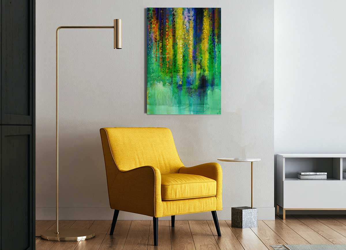 A modern Abstract Willow Tree glass print featuring an artistic representation of a willow tree in abstract form, perfect for home decor.