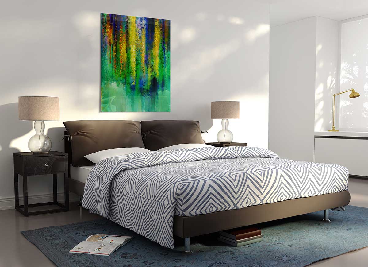 A modern Abstract Willow Tree glass print featuring an artistic representation of a willow tree in abstract form, perfect for home decor.