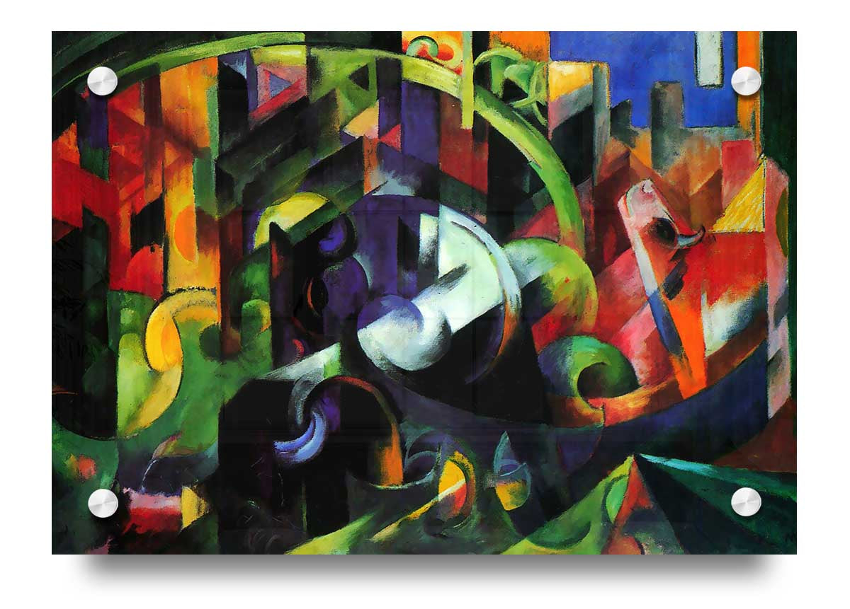 Acrylic print of Abstract With Cattle by Franz Marc, showcasing vibrant colors and abstract forms on 5mm thick acrylic glass.