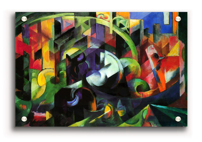 Acrylic print of Abstract With Cattle by Franz Marc, showcasing vibrant colors and abstract forms on 5mm thick acrylic glass.