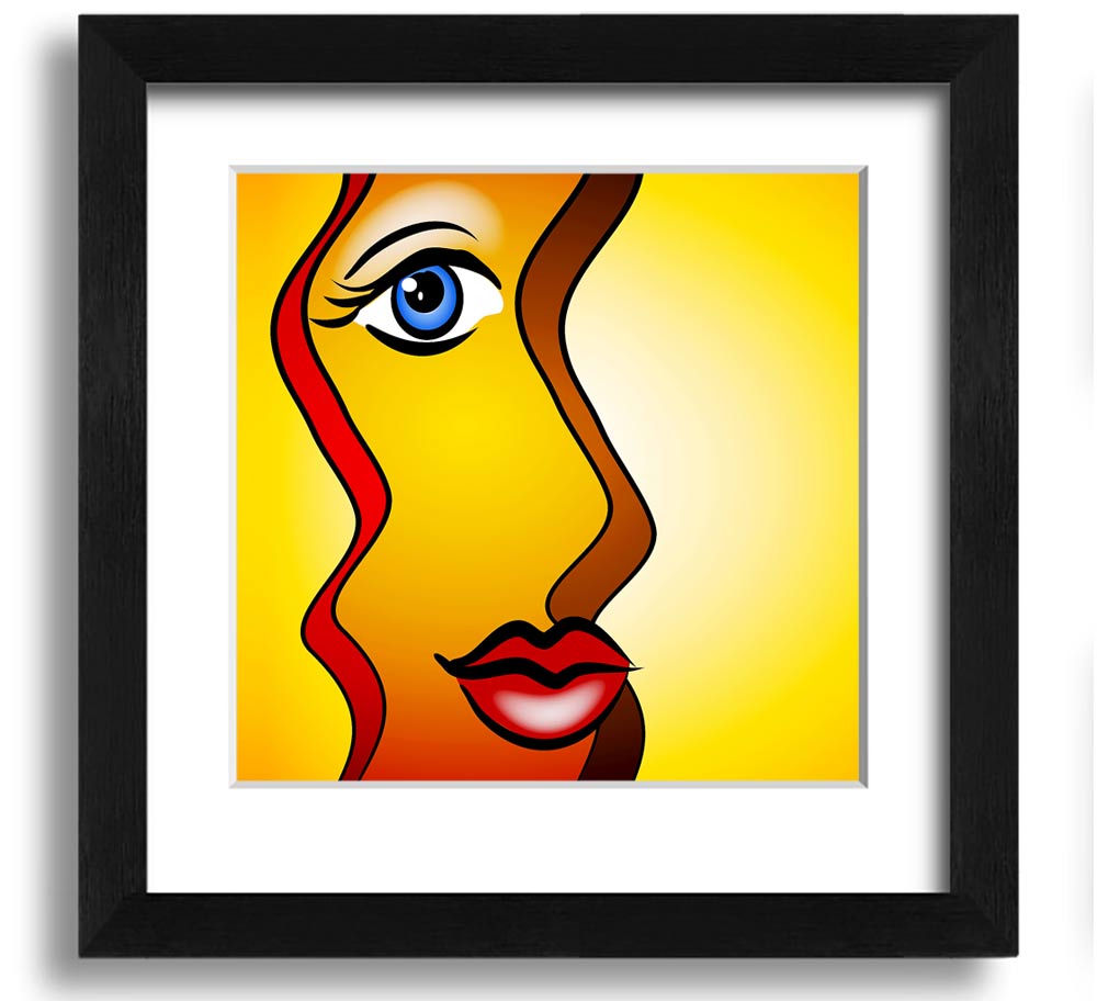 A beautifully framed abstract print of a woman, showcasing vibrant colors and artistic design, ready to hang on the wall.