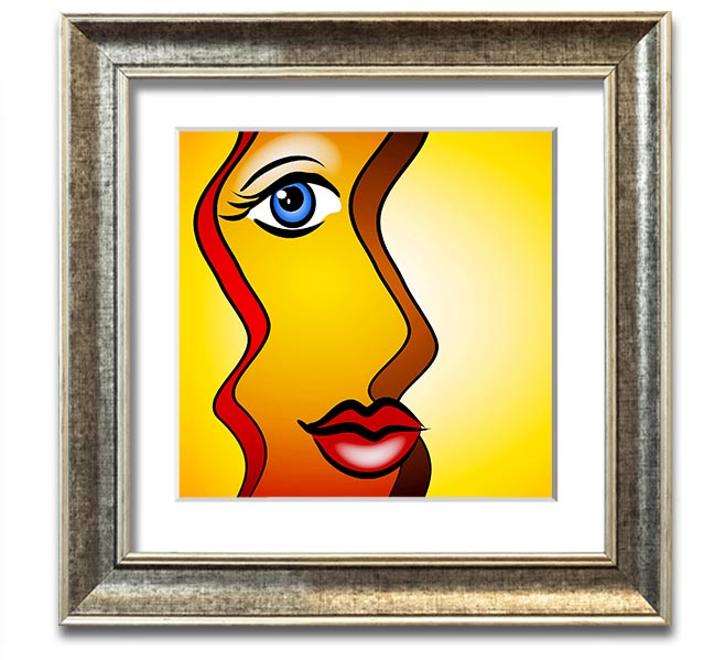 A beautifully framed abstract print of a woman, showcasing vibrant colors and artistic design, ready to hang on the wall.