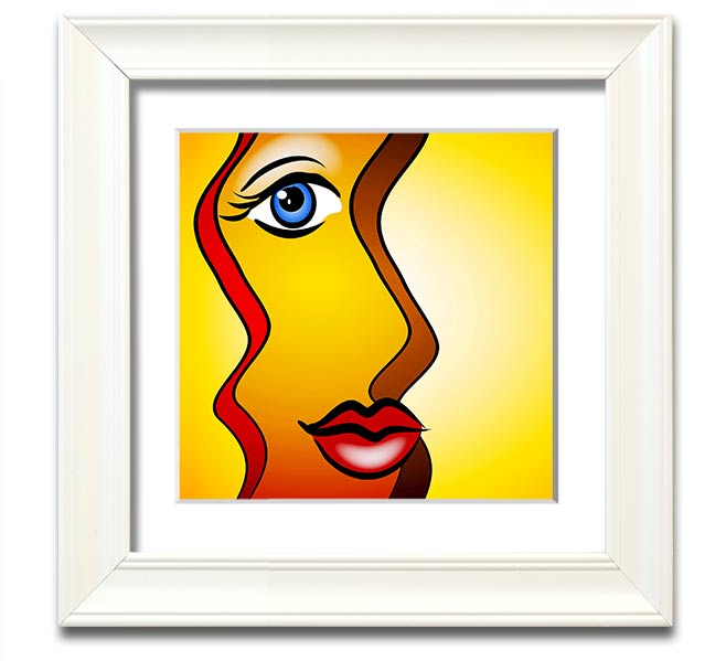 A beautifully framed abstract print of a woman, showcasing vibrant colors and artistic design, ready to hang on the wall.