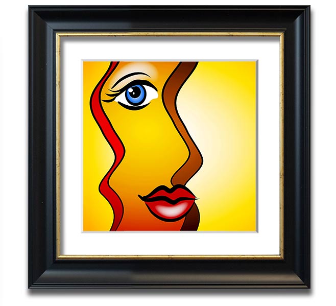 A beautifully framed abstract print of a woman, showcasing vibrant colors and artistic design, ready to hang on the wall.