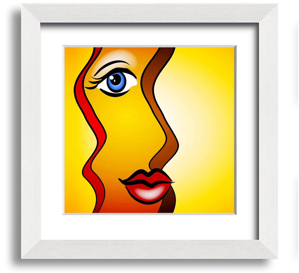 A beautifully framed abstract print of a woman, showcasing vibrant colors and artistic design, ready to hang on the wall.