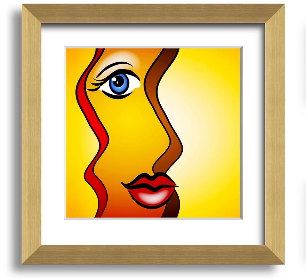 A beautifully framed abstract print of a woman, showcasing vibrant colors and artistic design, ready to hang on the wall.