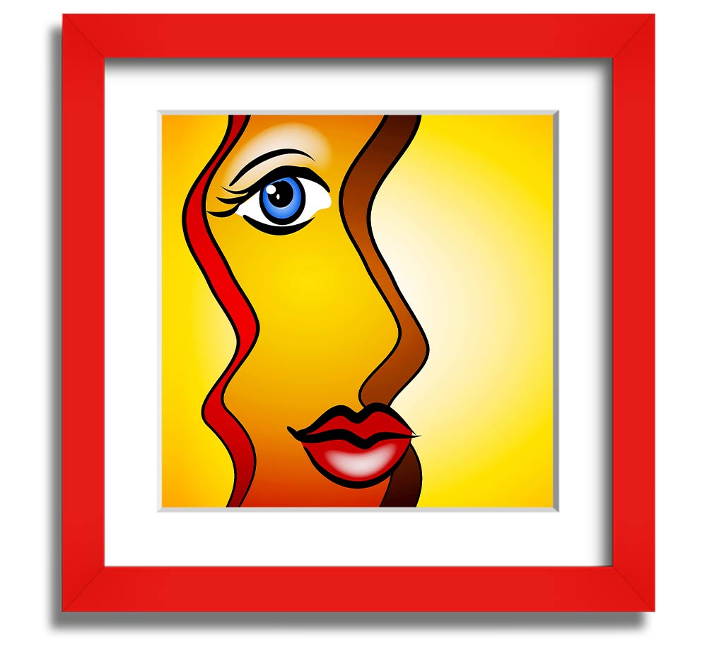 A beautifully framed abstract print of a woman, showcasing vibrant colors and artistic design, ready to hang on the wall.