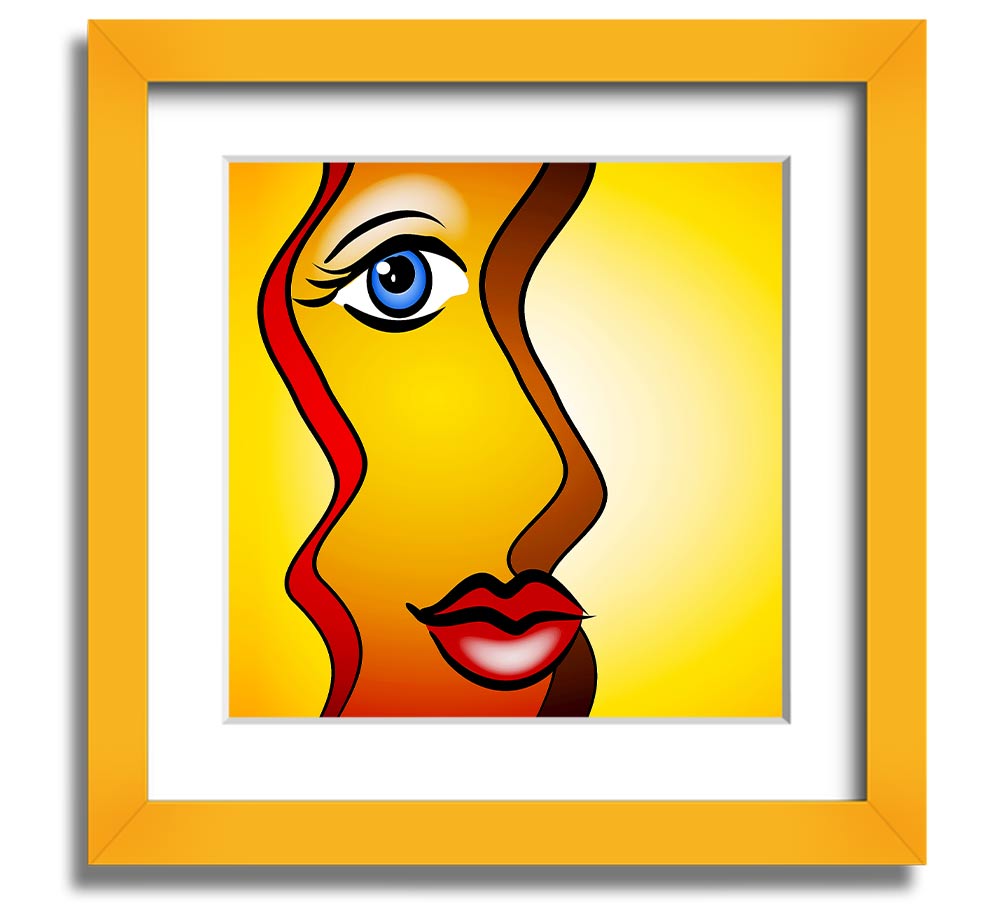 A beautifully framed abstract print of a woman, showcasing vibrant colors and artistic design, ready to hang on the wall.