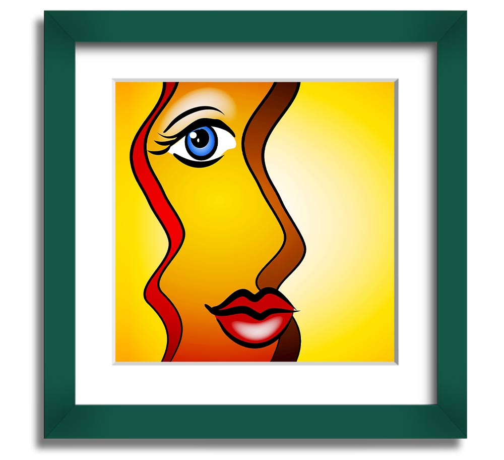 A beautifully framed abstract print of a woman, showcasing vibrant colors and artistic design, ready to hang on the wall.