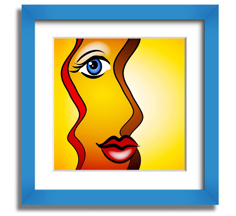 A beautifully framed abstract print of a woman, showcasing vibrant colors and artistic design, ready to hang on the wall.