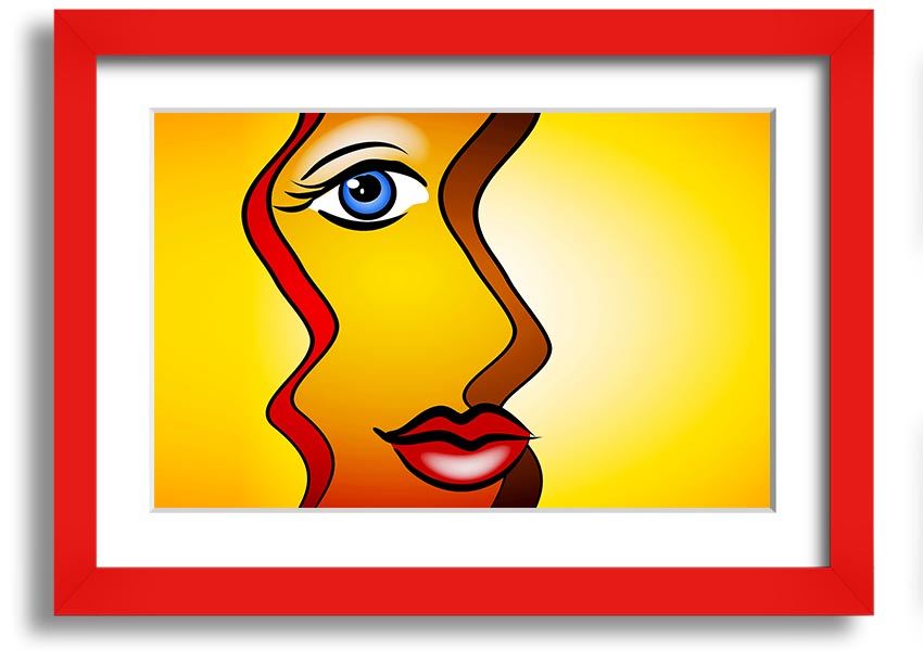 A beautifully framed abstract print of a woman, showcasing vibrant colors and modern design, ready to hang on the wall.