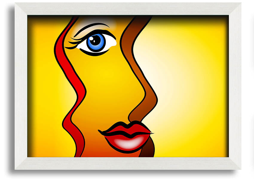 A beautifully framed abstract print of a woman, showcasing vibrant colors and modern design, ready to hang on the wall.