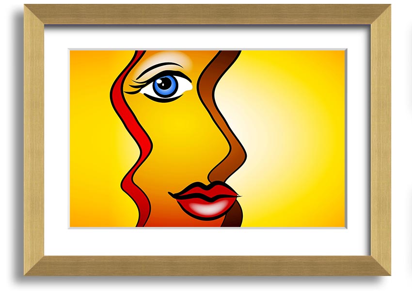 A beautifully framed abstract print of a woman, showcasing vibrant colors and modern design, ready to hang on the wall.