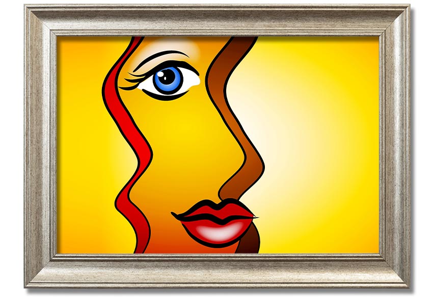 A beautifully framed abstract print of a woman, showcasing vibrant colors and modern design, ready to hang on the wall.