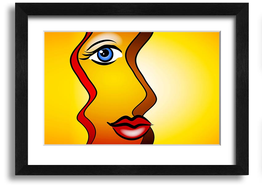 A beautifully framed abstract print of a woman, showcasing vibrant colors and modern design, ready to hang on the wall.