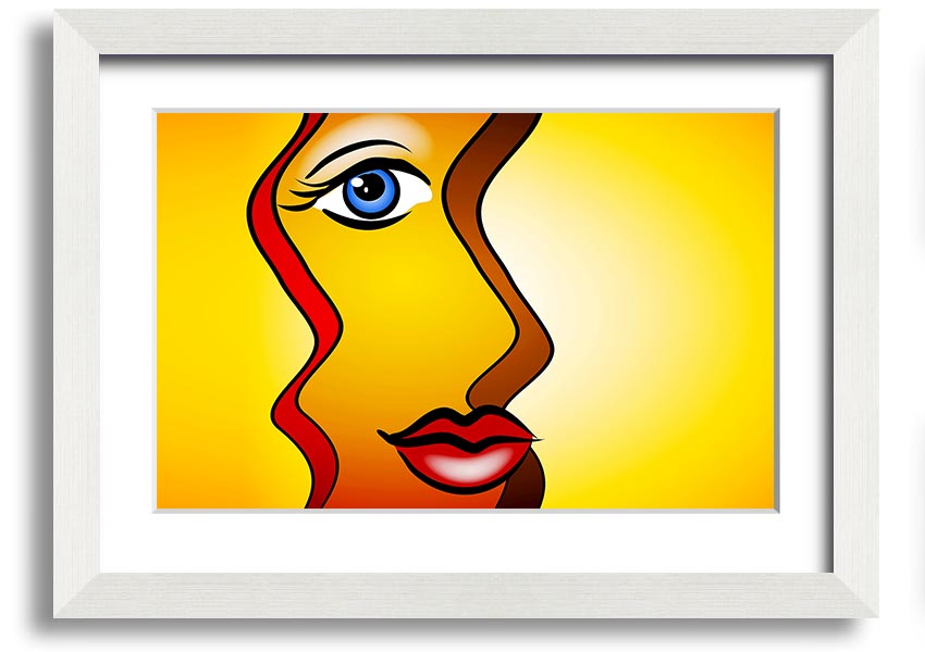 A beautifully framed abstract print of a woman, showcasing vibrant colors and modern design, ready to hang on the wall.