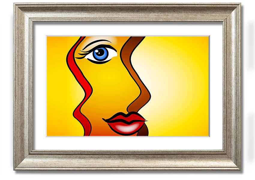 A beautifully framed abstract print of a woman, showcasing vibrant colors and modern design, ready to hang on the wall.