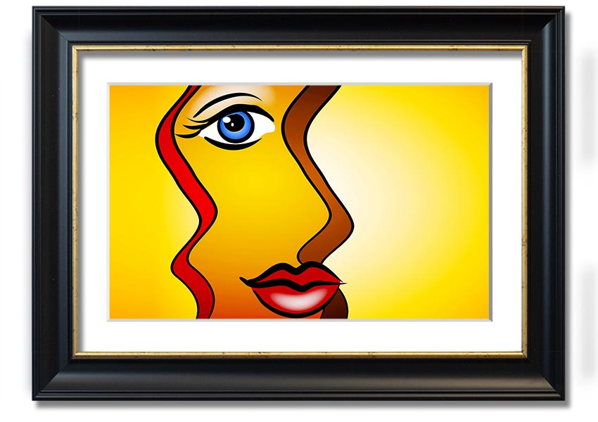 A beautifully framed abstract print of a woman, showcasing vibrant colors and modern design, ready to hang on the wall.