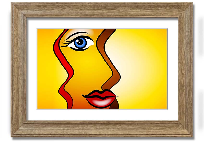 A beautifully framed abstract print of a woman, showcasing vibrant colors and modern design, ready to hang on the wall.