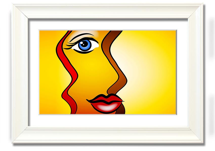 A beautifully framed abstract print of a woman, showcasing vibrant colors and modern design, ready to hang on the wall.