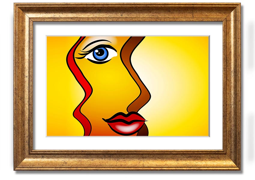 A beautifully framed abstract print of a woman, showcasing vibrant colors and modern design, ready to hang on the wall.