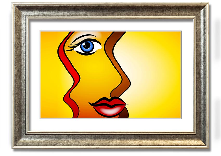 A beautifully framed abstract print of a woman, showcasing vibrant colors and modern design, ready to hang on the wall.