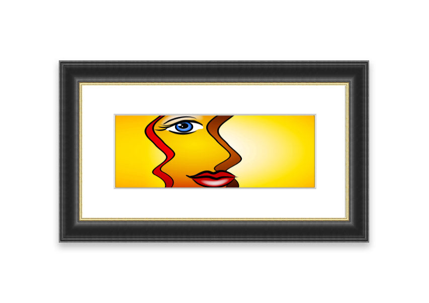 A beautifully framed abstract print of a woman, showcasing vibrant colors and dynamic shapes, ready to hang.