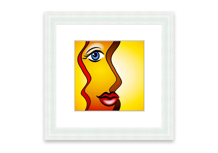 A beautifully framed abstract print of a woman, showcasing vibrant colors and dynamic shapes, ready to hang.