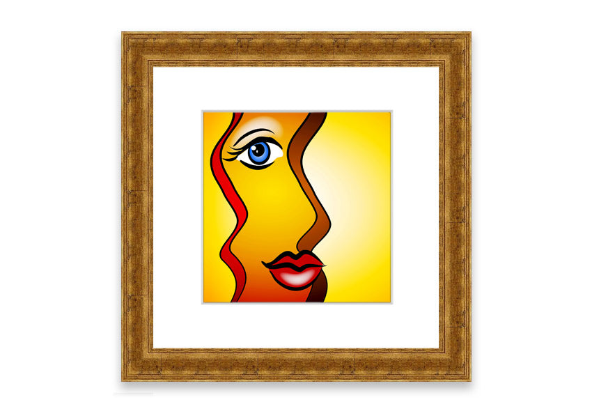 A beautifully framed abstract print of a woman, showcasing vibrant colors and dynamic shapes, ready to hang.