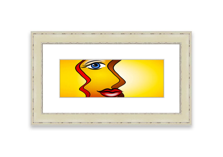 A beautifully framed abstract print of a woman, showcasing vibrant colors and dynamic shapes, ready to hang.