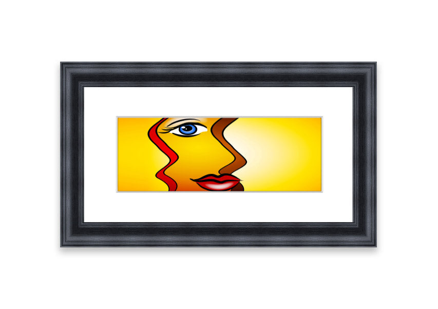 A beautifully framed abstract print of a woman, showcasing vibrant colors and dynamic shapes, ready to hang.