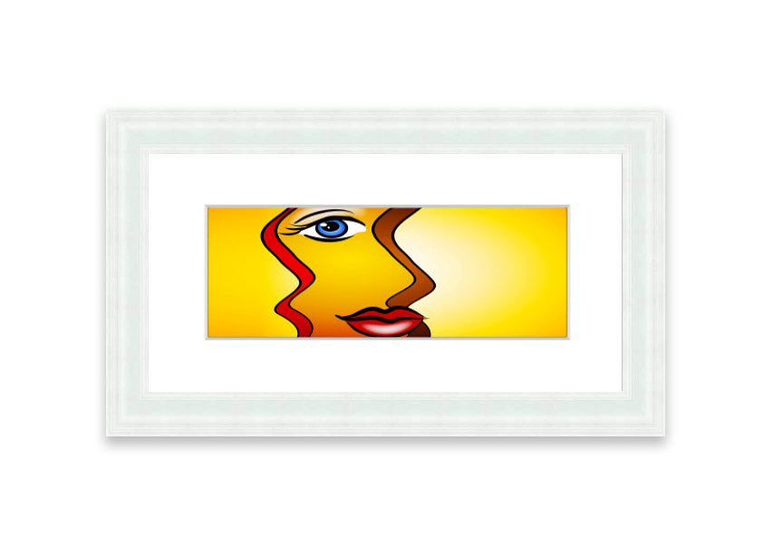 A beautifully framed abstract print of a woman, showcasing vibrant colors and dynamic shapes, ready to hang.