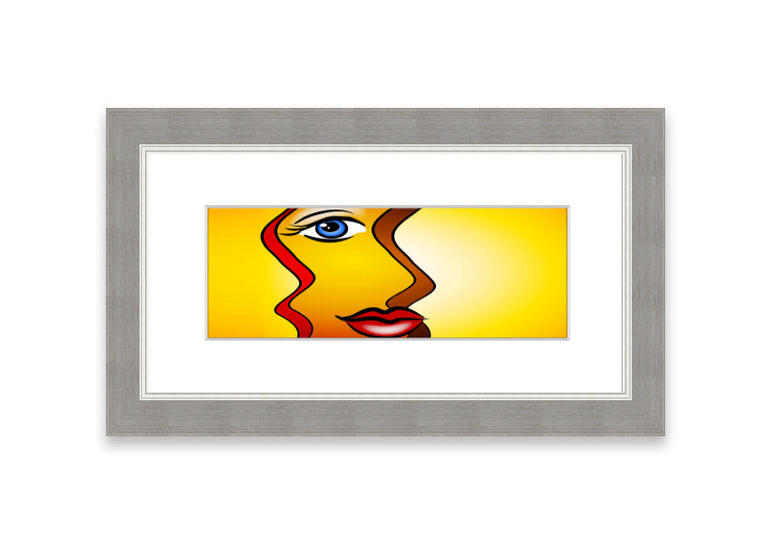 A beautifully framed abstract print of a woman, showcasing vibrant colors and dynamic shapes, ready to hang.