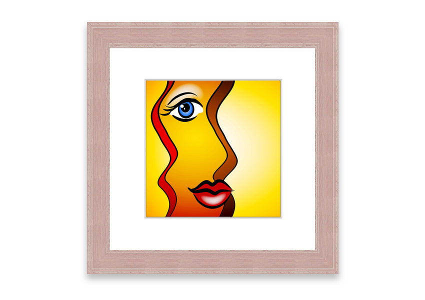 A beautifully framed abstract print of a woman, showcasing vibrant colors and dynamic shapes, ready to hang.