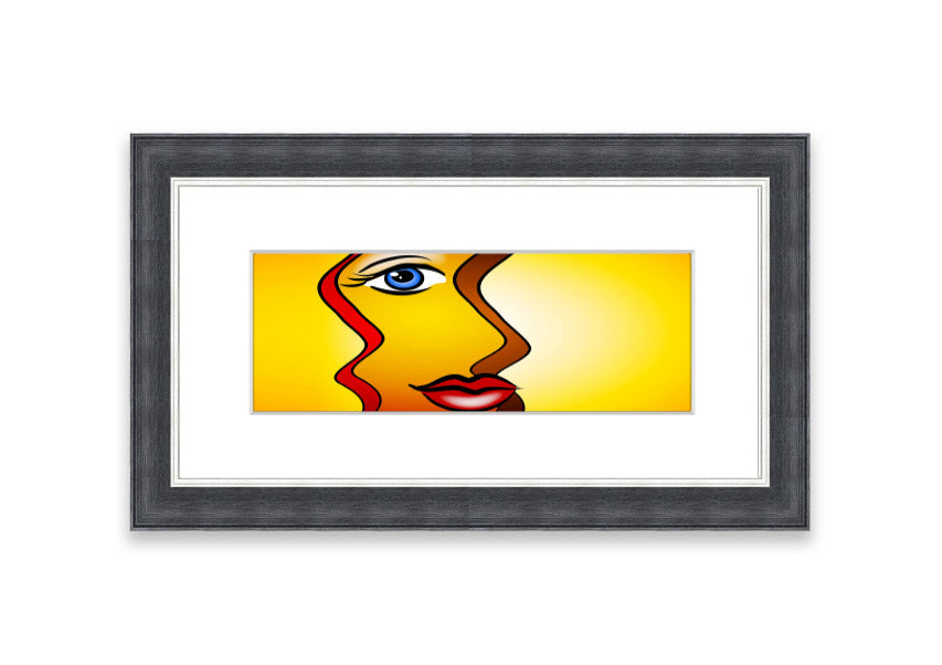 A beautifully framed abstract print of a woman, showcasing vibrant colors and dynamic shapes, ready to hang.