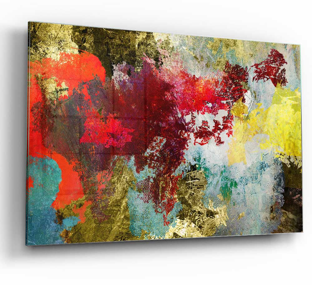 Abstract World grunge map glass print featuring a modern design with a textured, artistic representation of the world.