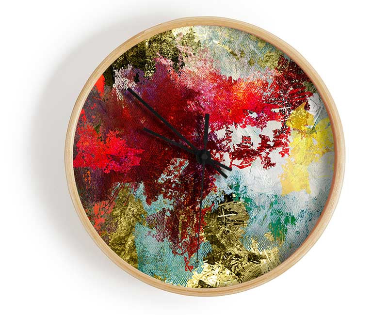 Abstract World grunge map clock made from natural bamboo with a round face and clear Plexiglas lens.