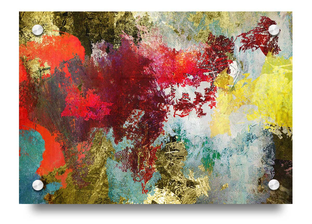 Abstract World grunge map acrylic print on 5mm thick glass, showcasing vibrant colors and modern design.