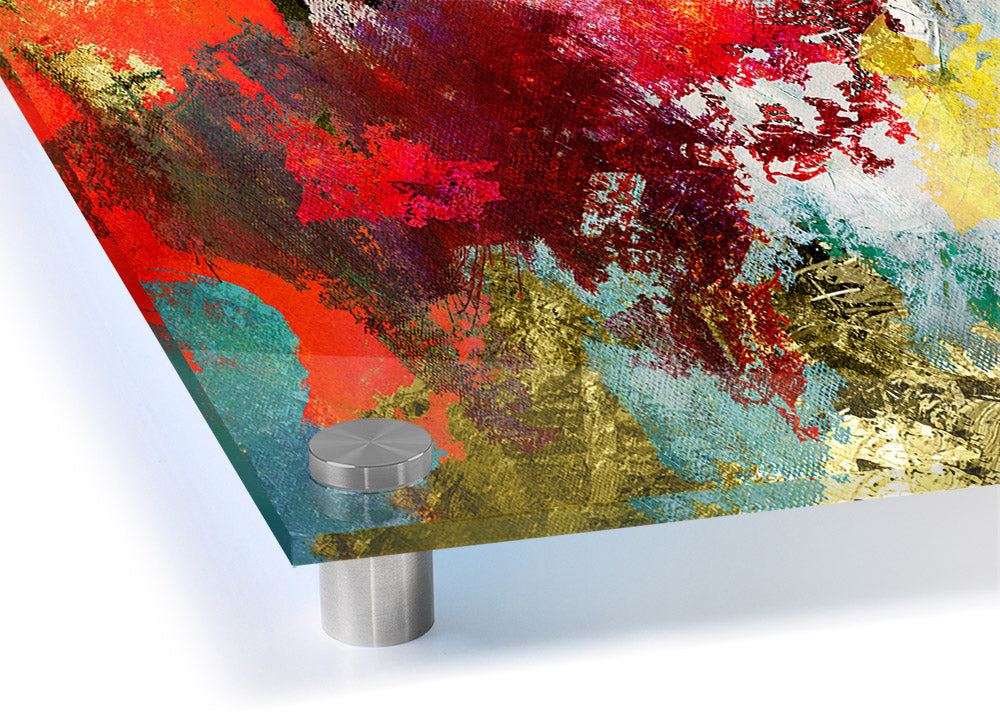 Abstract World grunge map acrylic print on 5mm thick glass, showcasing vibrant colors and modern design.