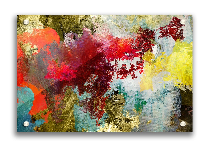 Abstract World grunge map acrylic print on 5mm thick glass, showcasing vibrant colors and modern design.