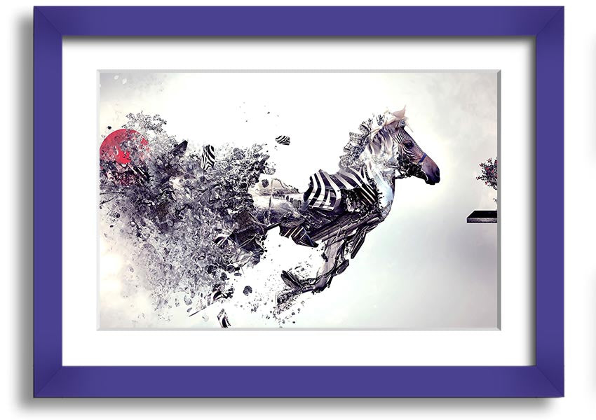 A beautifully framed Abstract Zebra print showcasing an artistic interpretation of a zebra in vibrant colors, ready to hang.