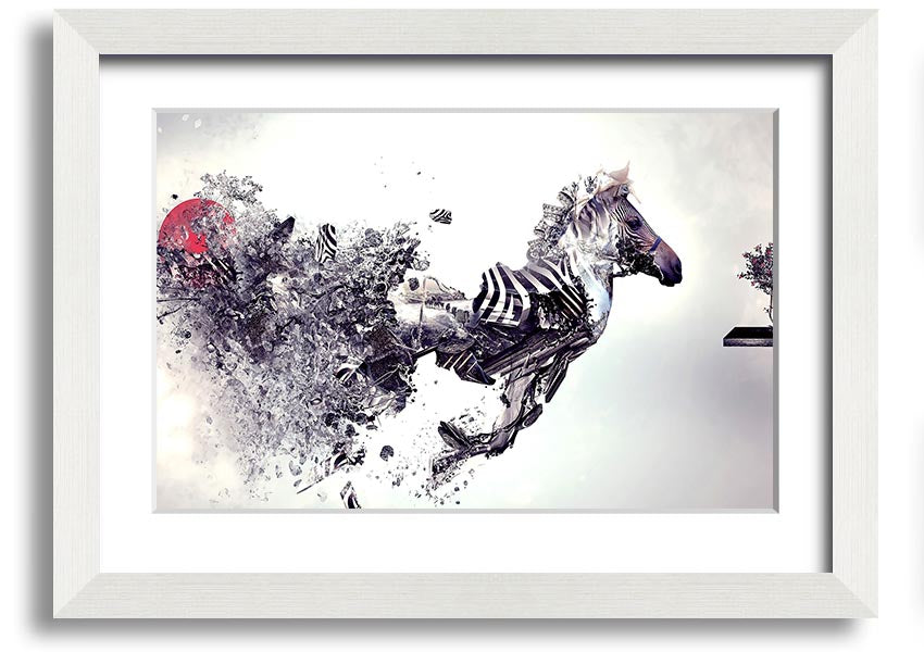 A beautifully framed Abstract Zebra print showcasing an artistic interpretation of a zebra in vibrant colors, ready to hang.