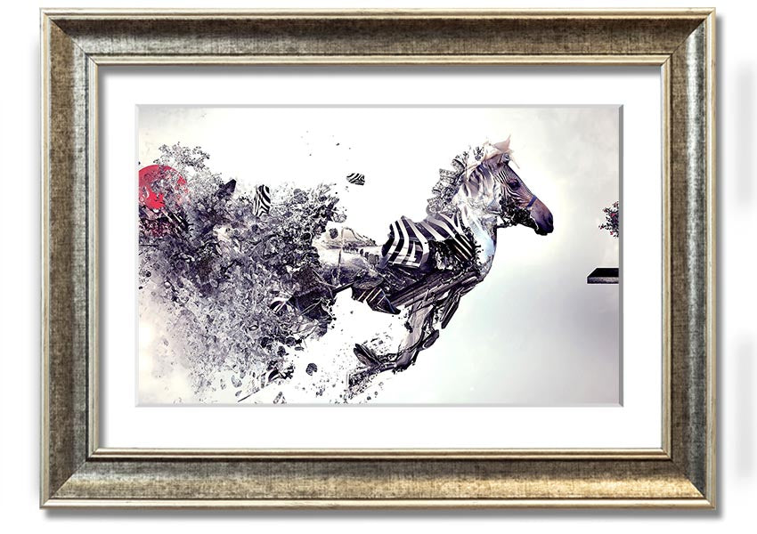 A beautifully framed Abstract Zebra print showcasing an artistic interpretation of a zebra in vibrant colors, ready to hang.