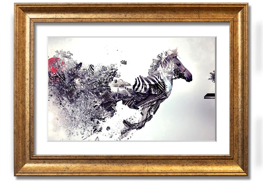 A beautifully framed Abstract Zebra print showcasing an artistic interpretation of a zebra in vibrant colors, ready to hang.